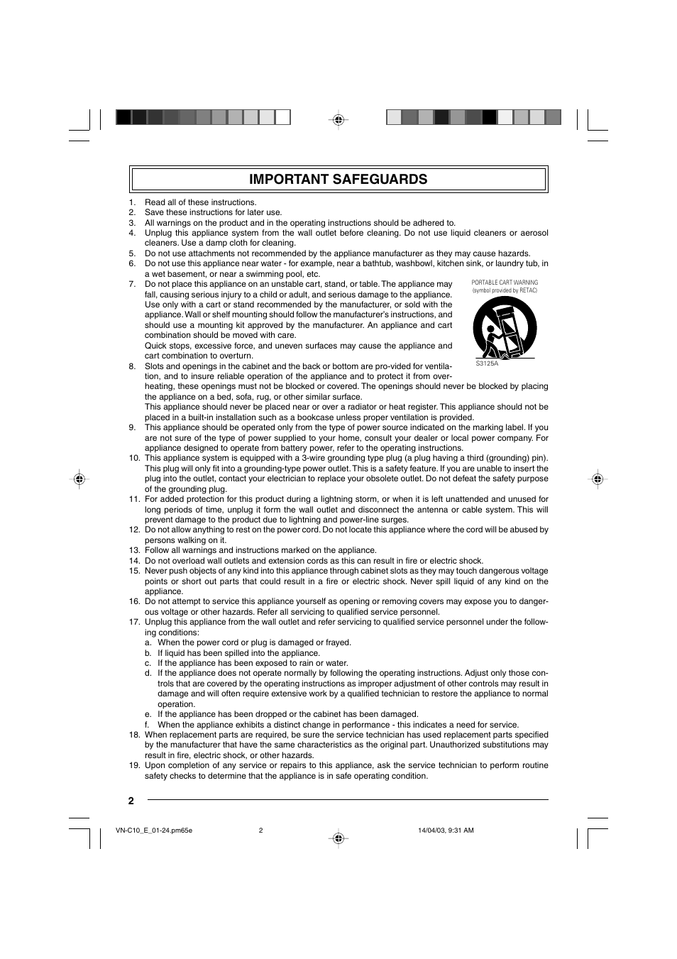 Important safeguards | JVC VN-C10 User Manual | Page 2 / 32