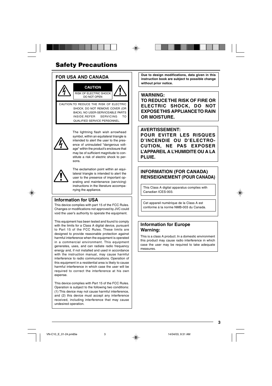 Safety precautions, Information for usa, Information for europe warning | For usa and canada | JVC VN-C10 User Manual | Page 3 / 32