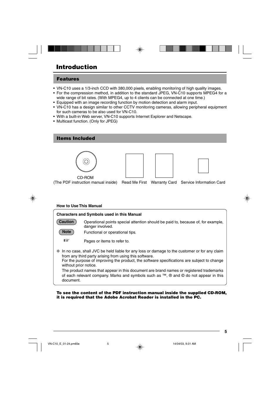 Introduction, Features, Items included | JVC VN-C10 User Manual | Page 5 / 32