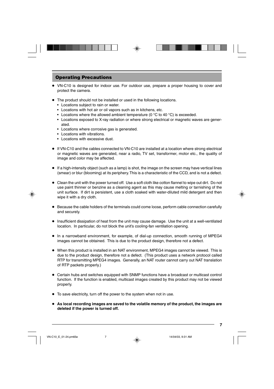 Operating precautions | JVC VN-C10 User Manual | Page 7 / 32