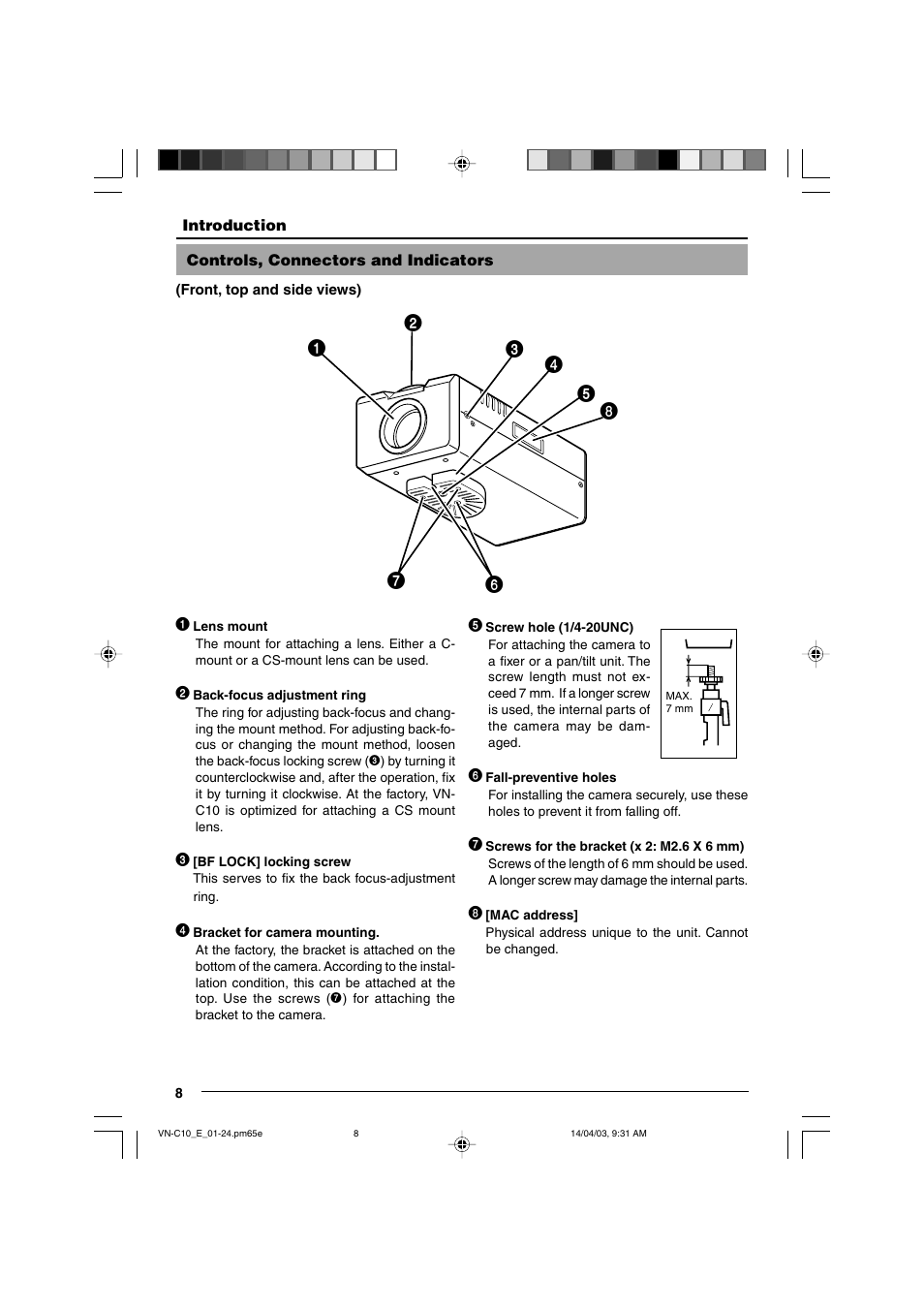 Controls, connectors and indicators | JVC VN-C10 User Manual | Page 8 / 32