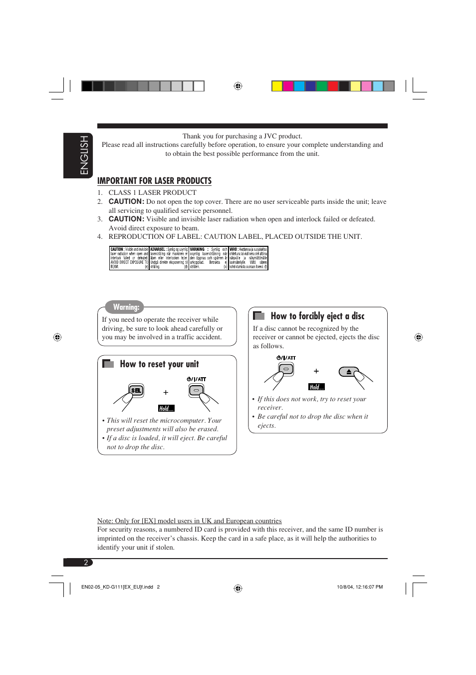 Important for laser products, English, How to reset your unit | How to forcibly eject a disc | JVC GET0253-003A User Manual | Page 2 / 68