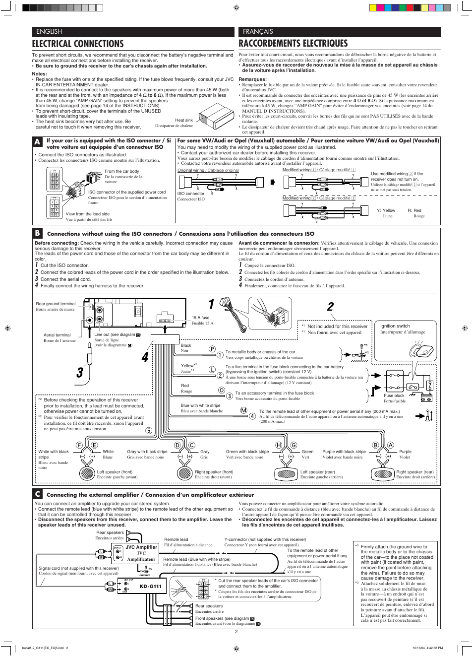 Electrical connections, Raccordements electriques, English français | JVC GET0253-003A User Manual | Page 22 / 68