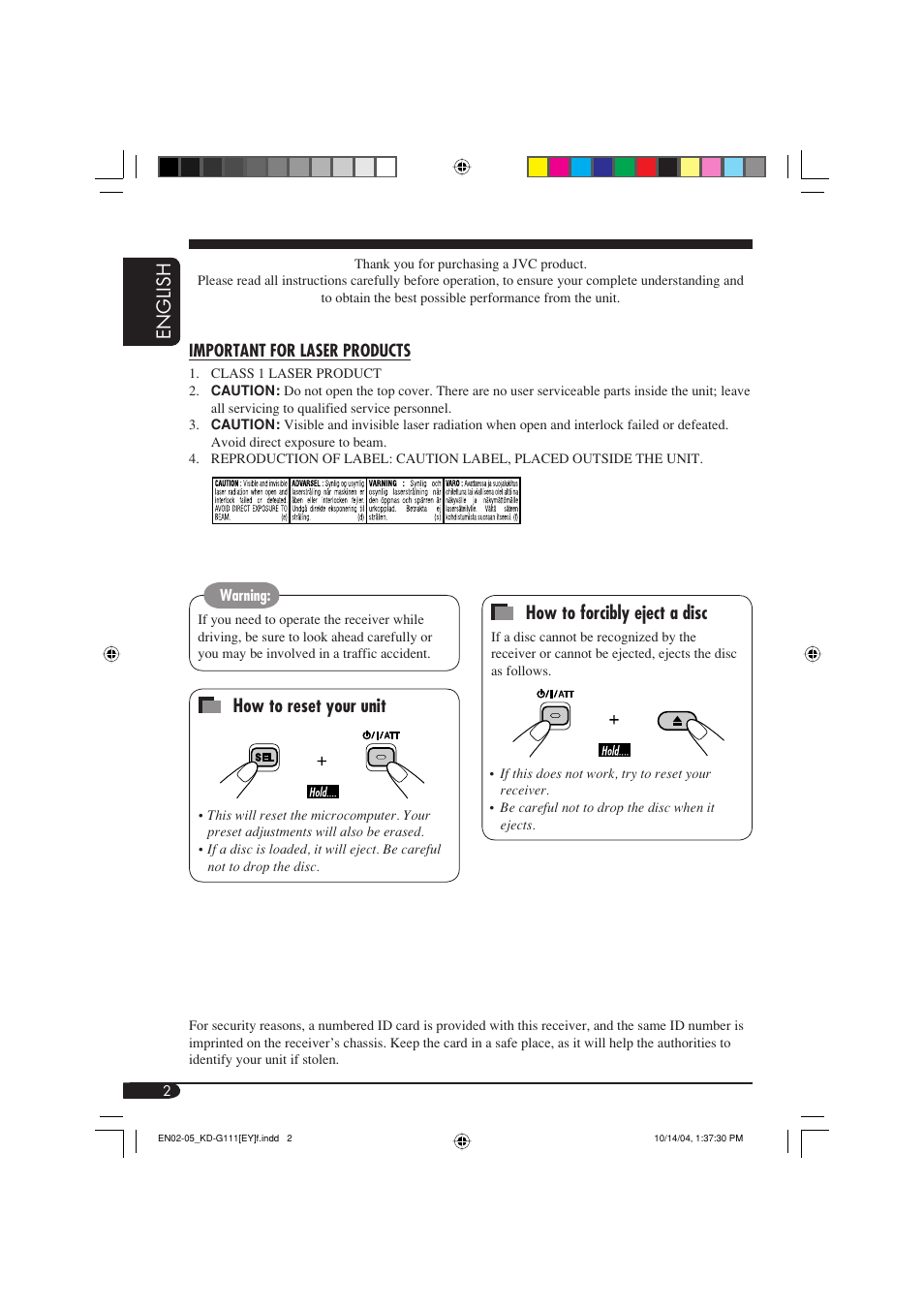 Important for laser products, English, How to reset your unit | How to forcibly eject a disc | JVC GET0253-003A User Manual | Page 24 / 68