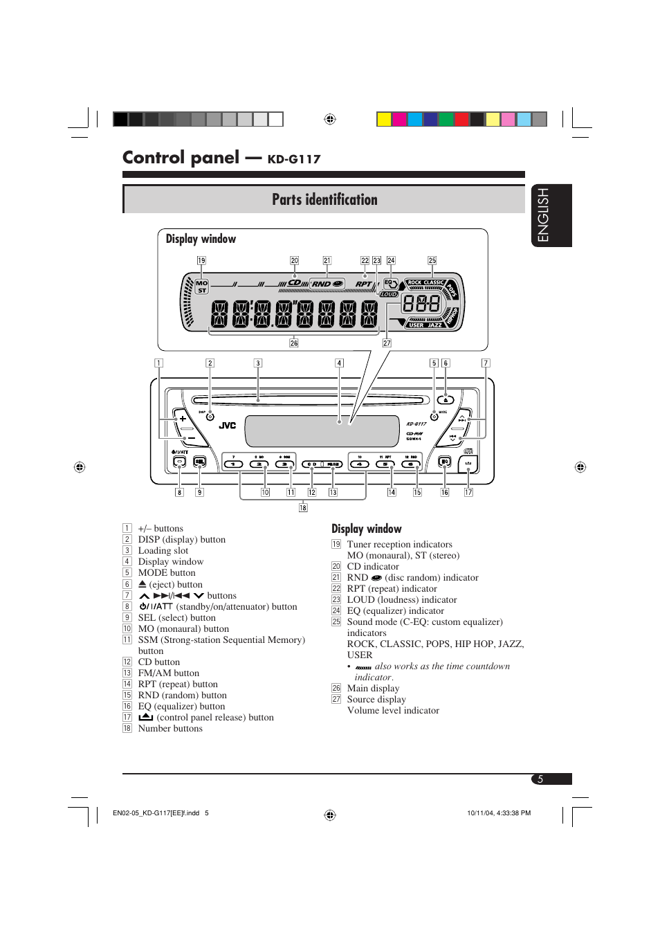 Control panel, Parts identification, English | JVC GET0253-003A User Manual | Page 51 / 68