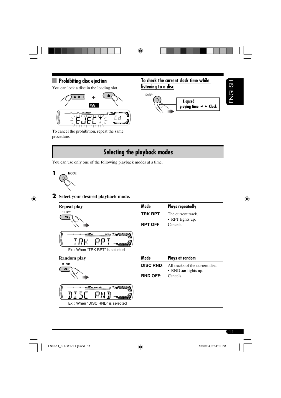 Selecting the playback modes, English prohibiting disc ejection | JVC GET0253-003A User Manual | Page 57 / 68