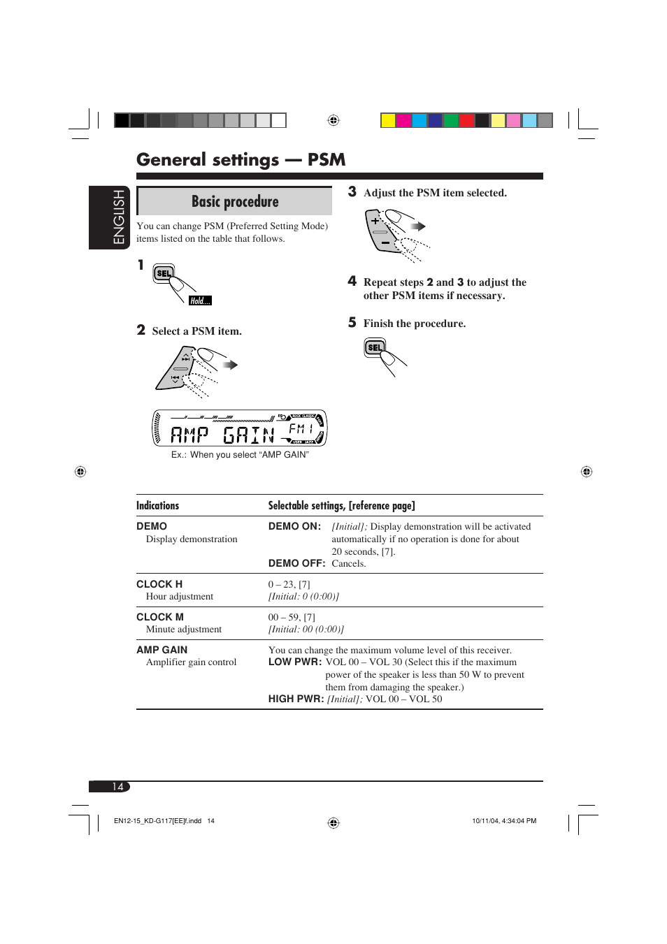 General settings — psm, Basic procedure, English | JVC GET0253-003A User Manual | Page 60 / 68