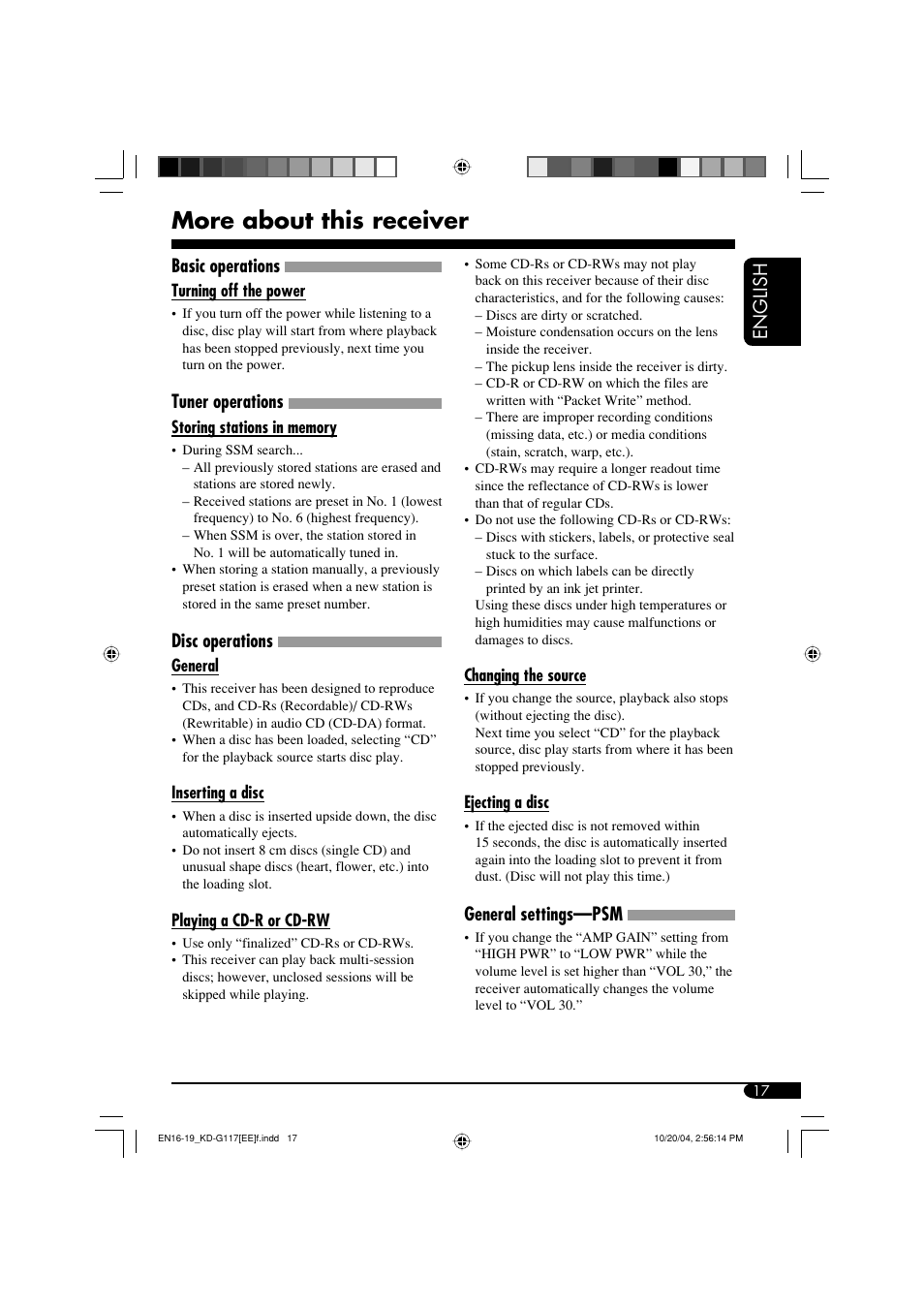 More about this receiver, English, Basic operations | Tuner operations, Disc operations, General settings—psm | JVC GET0253-003A User Manual | Page 63 / 68
