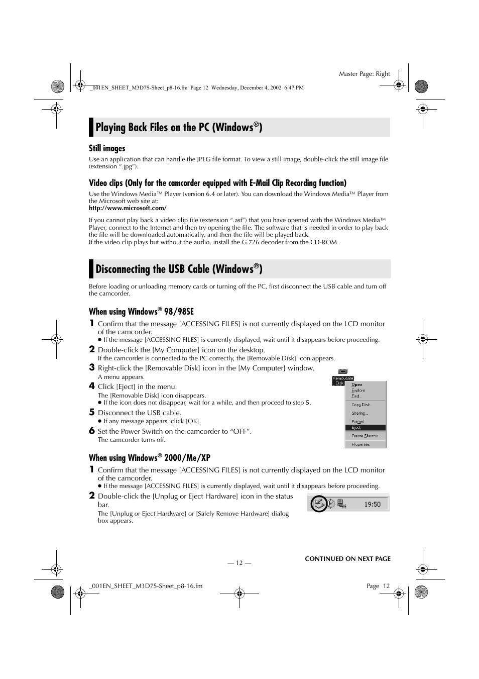 Playing back files on the pc (windows®), Disconnecting the usb cable (windows®), Playing back files on the pc (windows | Disconnecting the usb cable (windows | JVC LYT1085-001A User Manual | Page 12 / 16