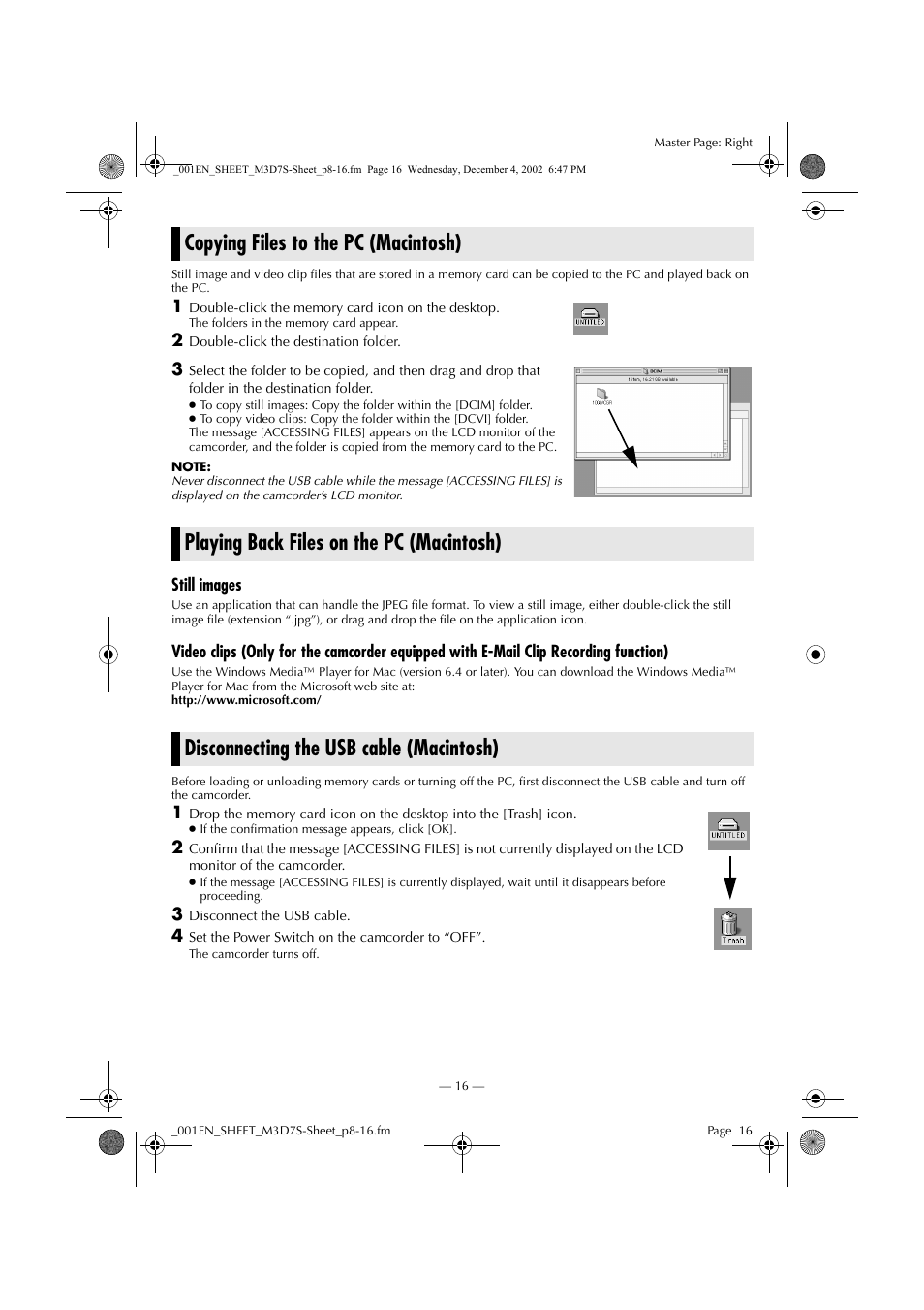 Copying files to the pc (macintosh), Playing back files on the pc (macintosh), Disconnecting the usb cable (macintosh) | JVC LYT1085-001A User Manual | Page 16 / 16