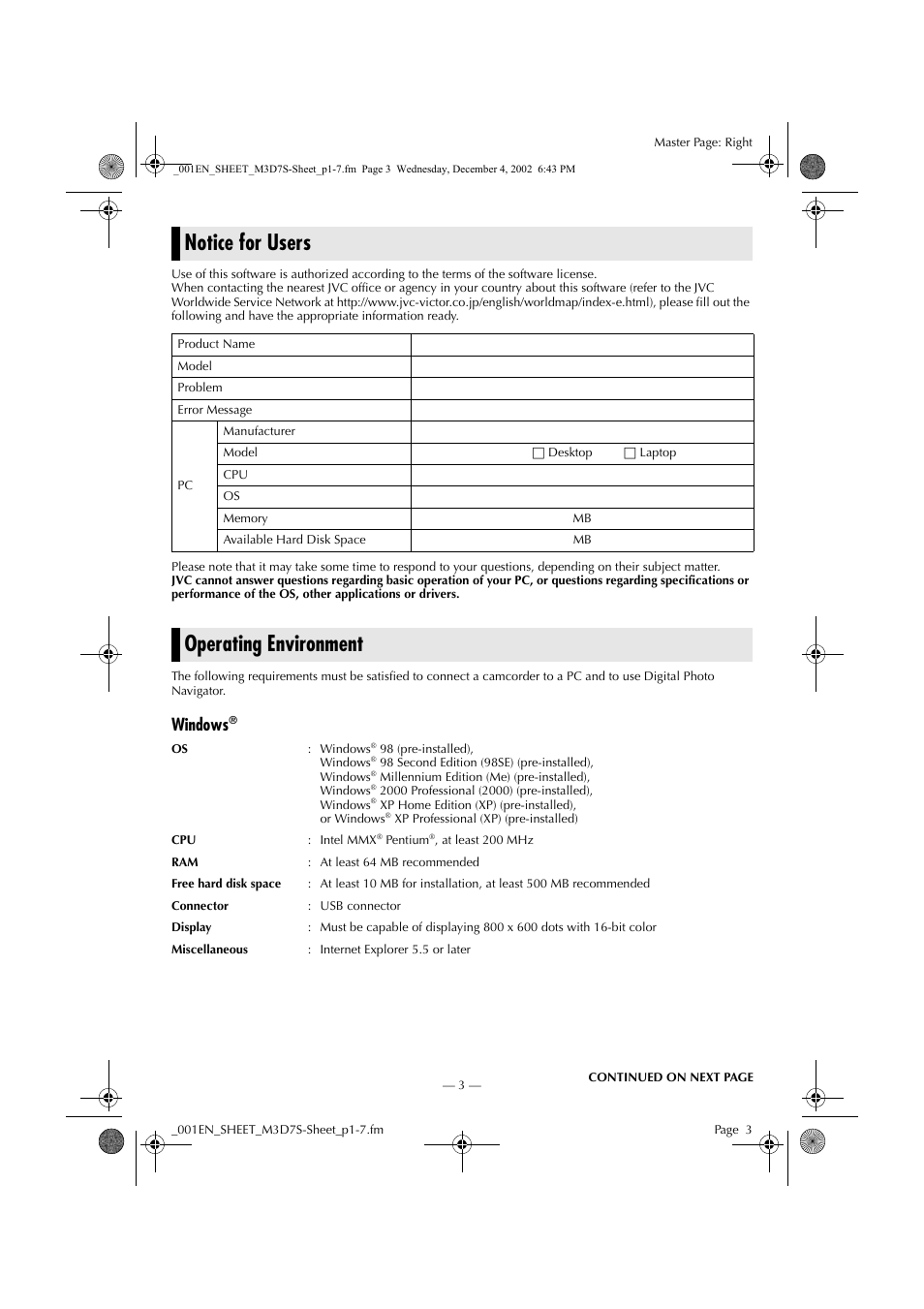 Notice for users, Operating environment, Windows | JVC LYT1085-001A User Manual | Page 3 / 16