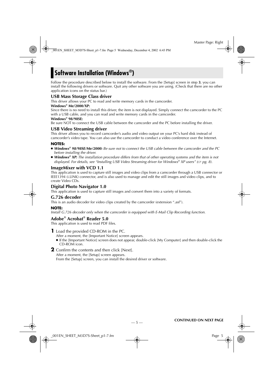Software installation (windows®), Software installation (windows | JVC LYT1085-001A User Manual | Page 5 / 16