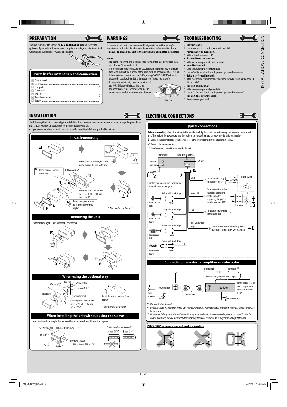 Troubleshooting, Electrical connections, Preparation | Installation, Warnings, Installation / connection | JVC 0409DTSMDTJEIN User Manual | Page 4 / 4