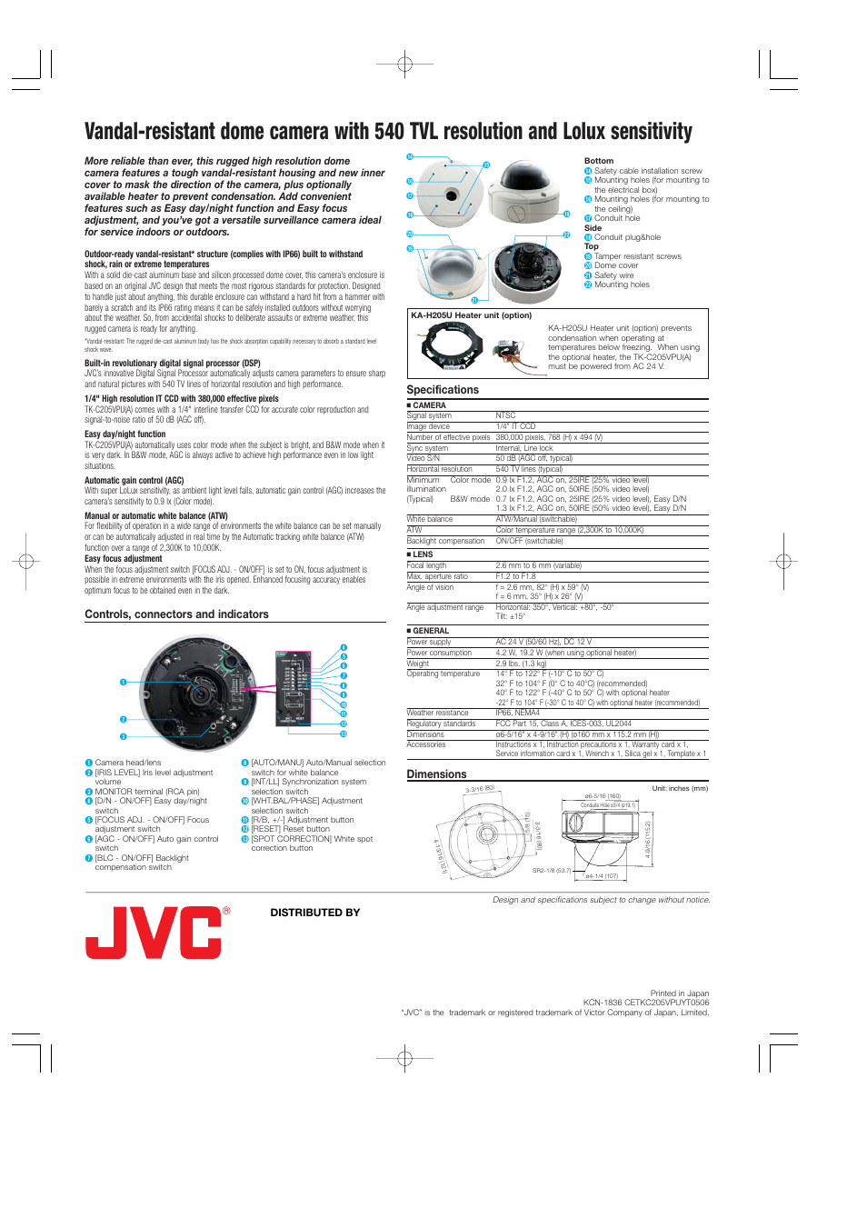 Controls, connectors and indicators specifications, Dimensions | JVC TK-C205VPU(A) User Manual | Page 2 / 2