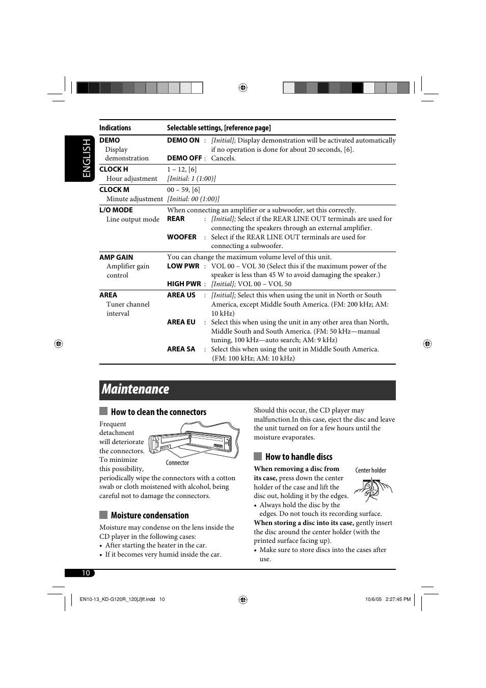 Maintenance, English, How to clean the connectors | Moisture condensation, How to handle discs | JVC KD-G120 User Manual | Page 10 / 74