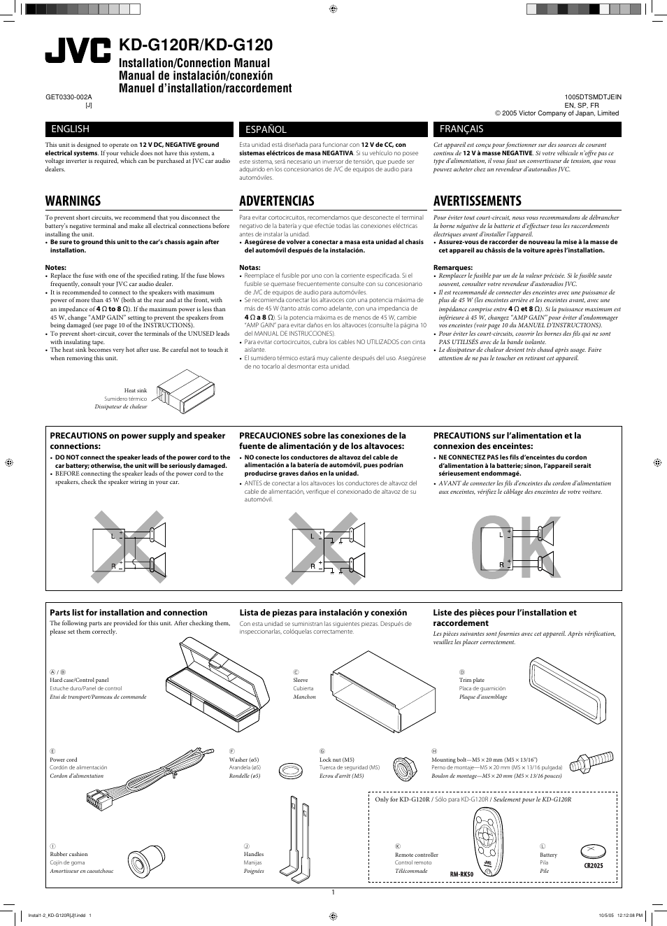 Installation/connection manual, Warnings, Advertencias | Avertissements, English, Español, Français, Parts list for installation and connection, Lista de piezas para instalación y conexión | JVC KD-G120 User Manual | Page 15 / 74