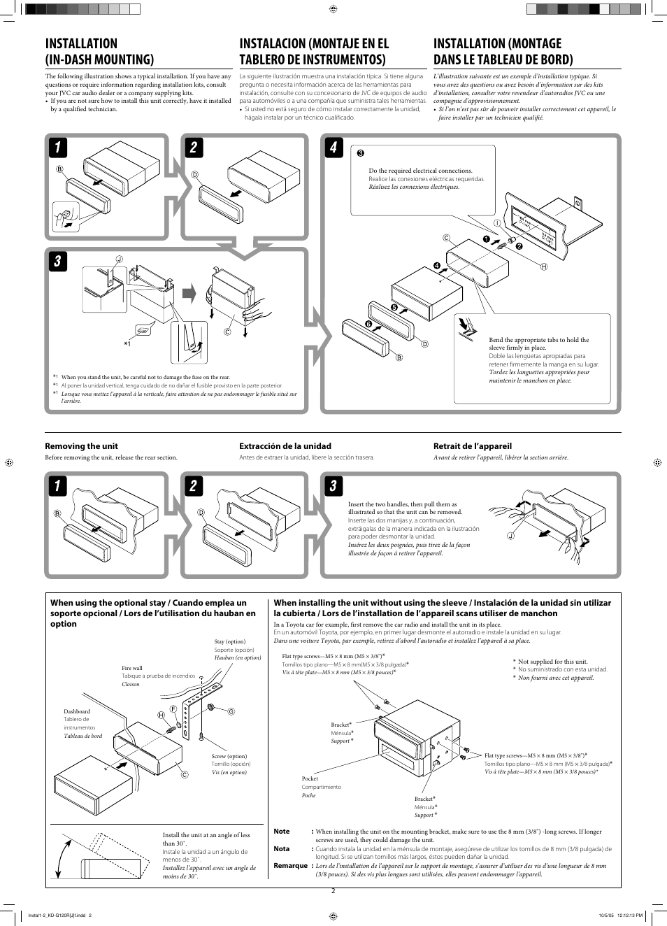 Installation (in-dash mounting), Installation (montage dans le tableau de bord), Removing the unit | Extracción de la unidad, Retrait de l’appareil | JVC KD-G120 User Manual | Page 16 / 74