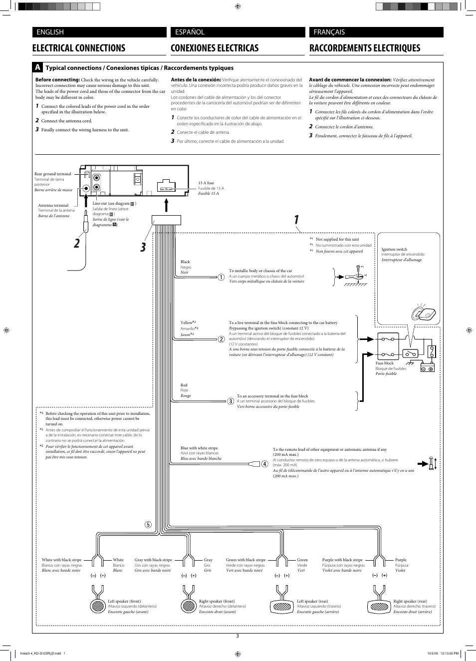 Electrical connections, English, Español français | JVC KD-G120 User Manual | Page 17 / 74