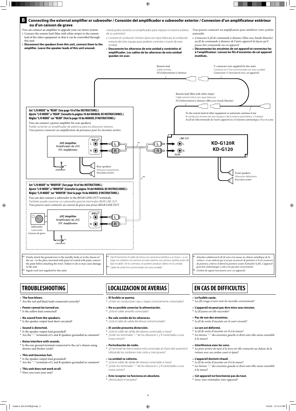 Troubleshooting, Localizacion de averias, En cas de difficultes | JVC KD-G120 User Manual | Page 18 / 74