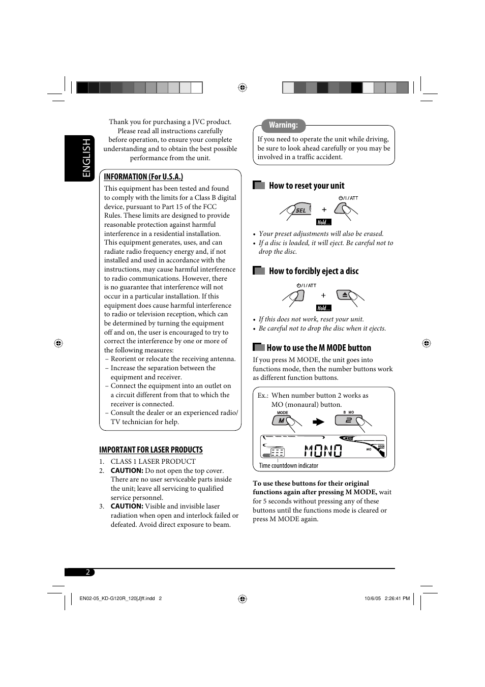 Information (for u.s.a.), Important for laser products, Warning | English, How to reset your unit, How to forcibly eject a disc, How to use the m mode button | JVC KD-G120 User Manual | Page 2 / 74