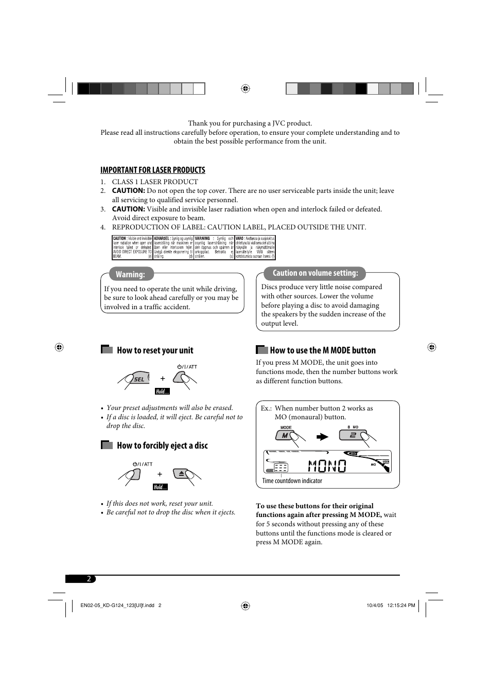 Important for laser products, Warning, Caution on volume setting | How to reset your unit, How to forcibly eject a disc, How to use the m mode button | JVC KD-G120 User Manual | Page 20 / 74