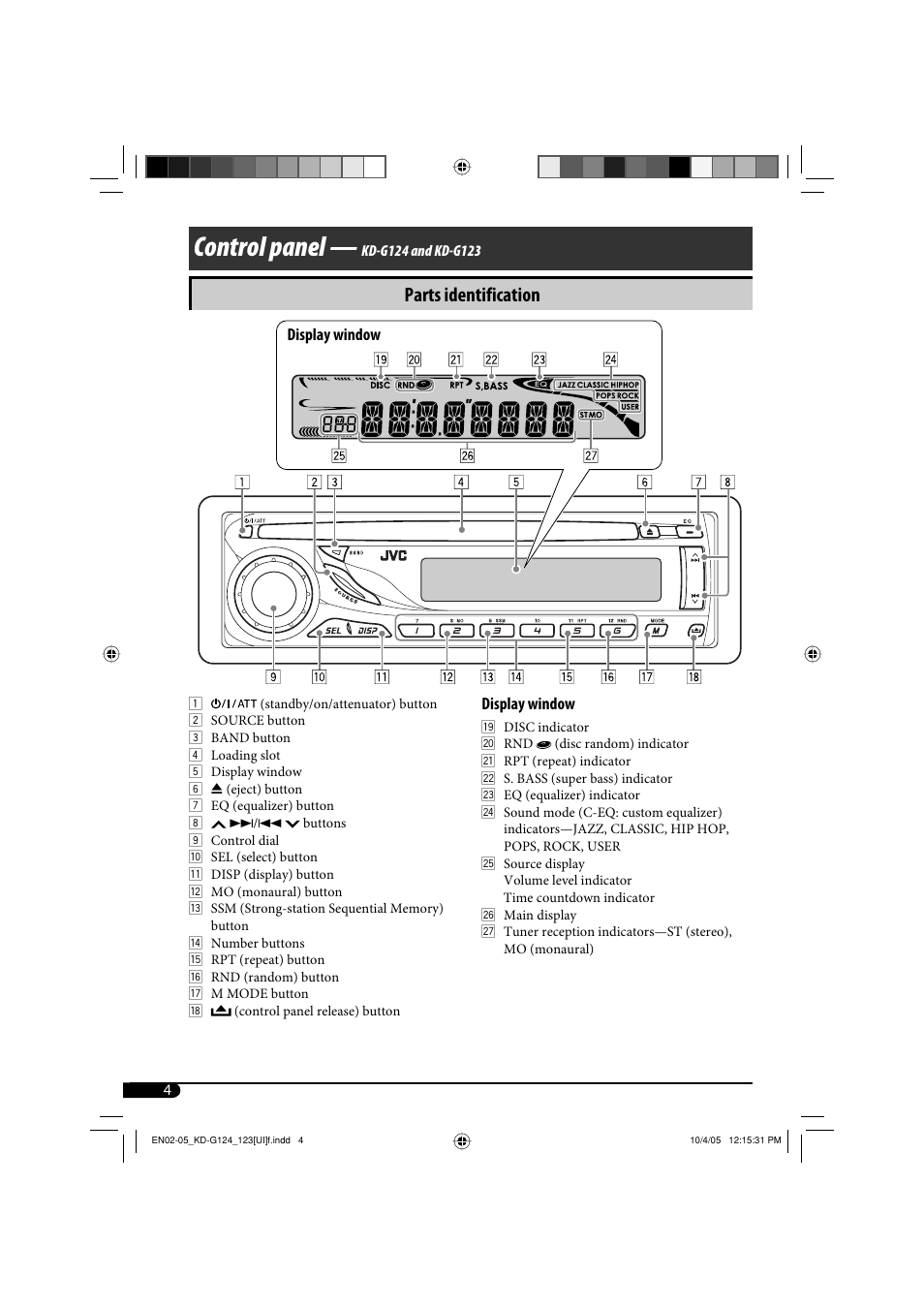 Control panel, Parts identification | JVC KD-G120 User Manual | Page 22 / 74