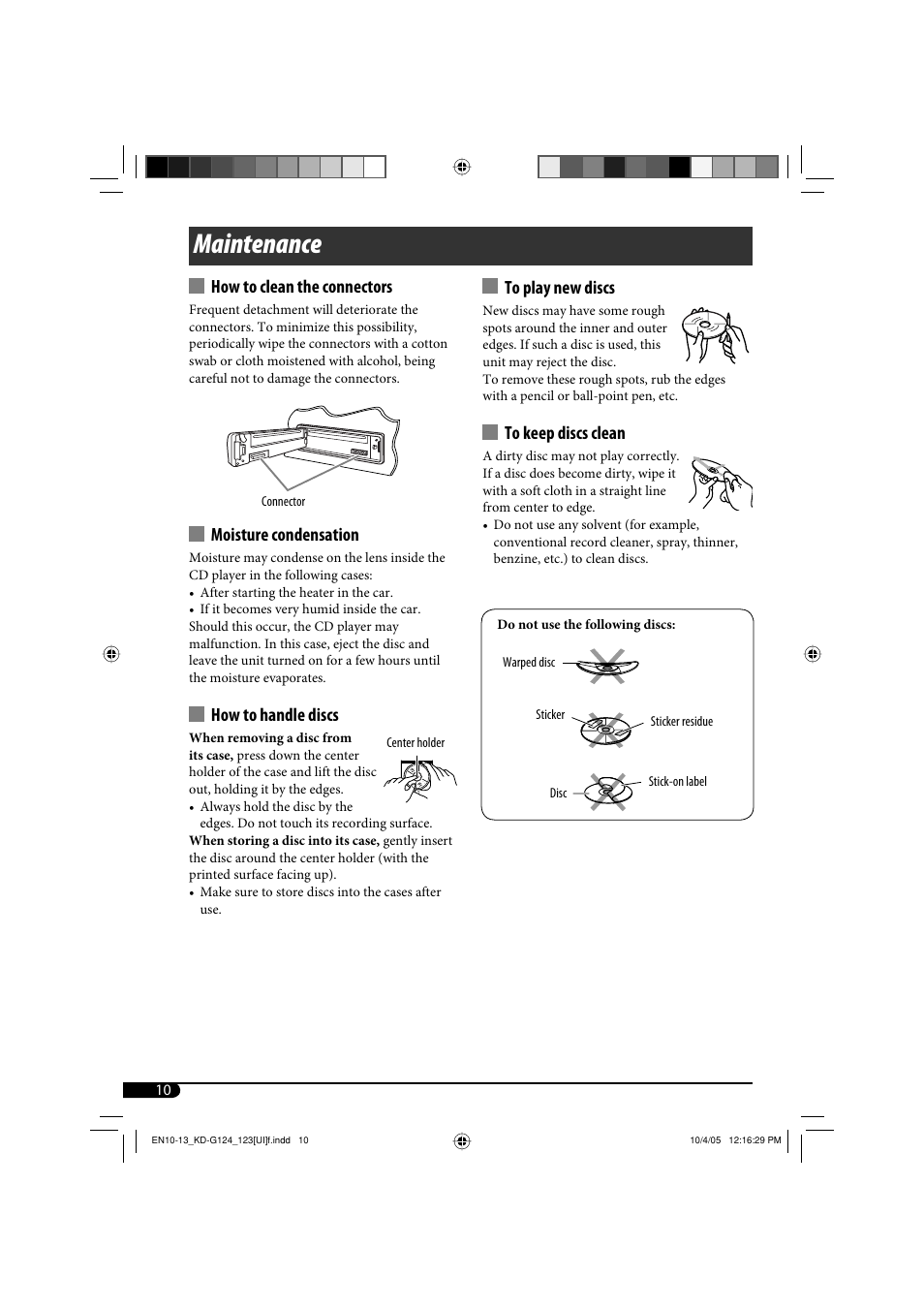 Maintenance, How to clean the connectors, Moisture condensation | How to handle discs | JVC KD-G120 User Manual | Page 28 / 74
