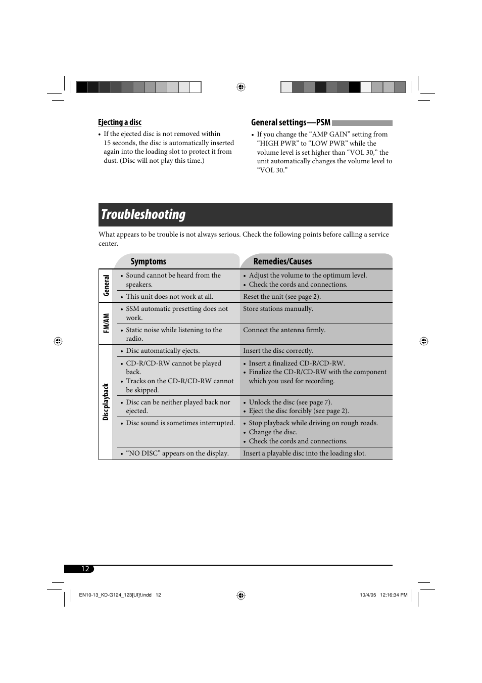 Troubleshooting, Symptoms remedies/causes, General settings—psm | JVC KD-G120 User Manual | Page 30 / 74