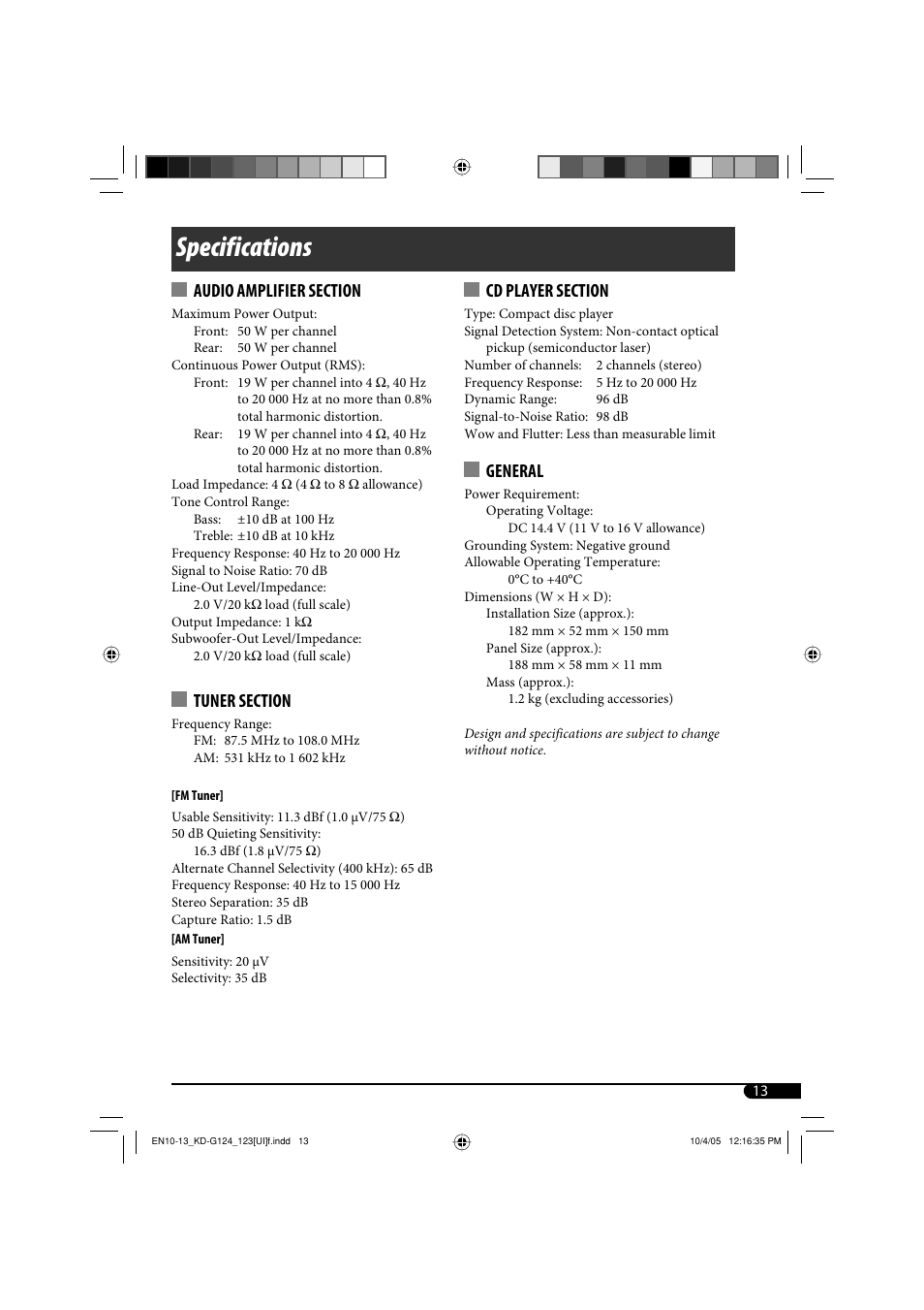 Specifications, General | JVC KD-G120 User Manual | Page 31 / 74