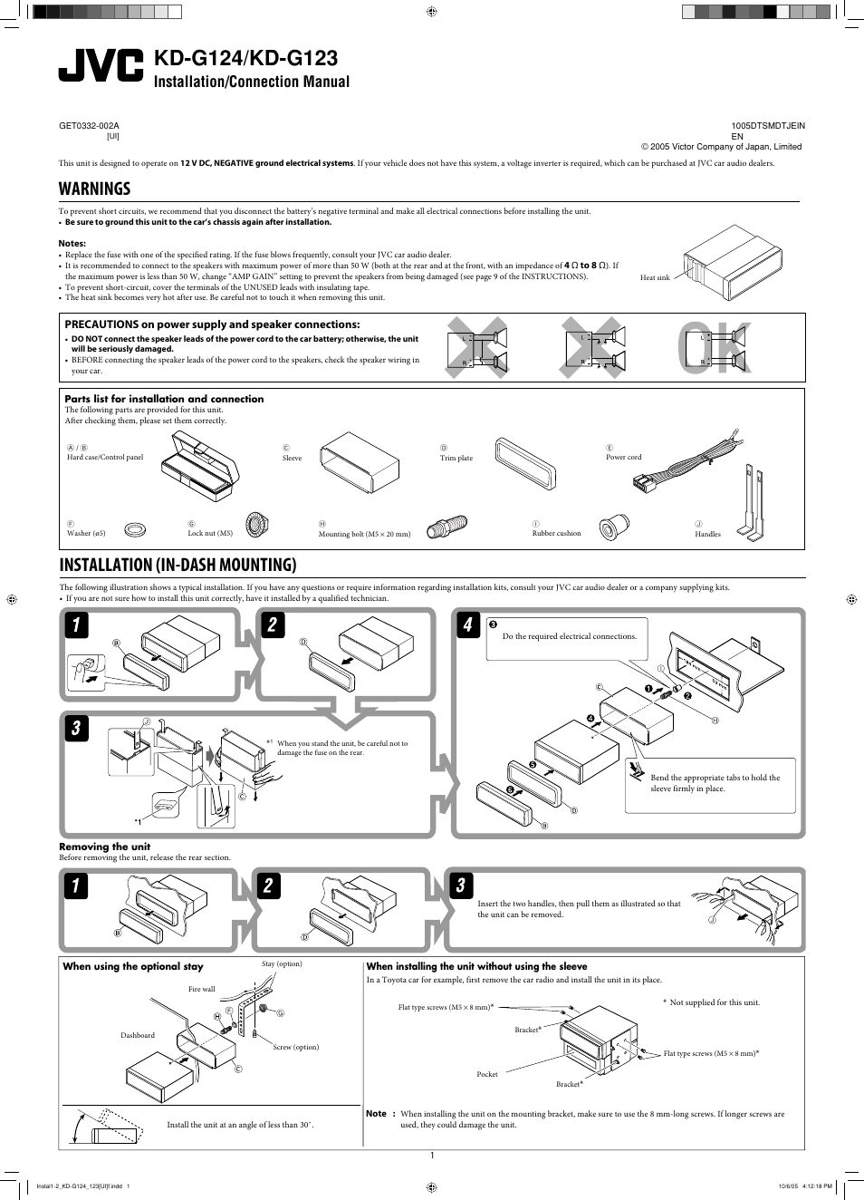 Installation/connection manual, Warnings, Installation (in-dash mounting) | JVC KD-G120 User Manual | Page 33 / 74