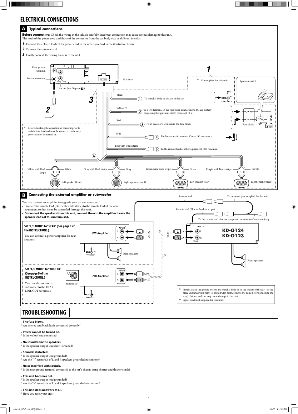 Electrical connections, Troubleshooting | JVC KD-G120 User Manual | Page 34 / 74