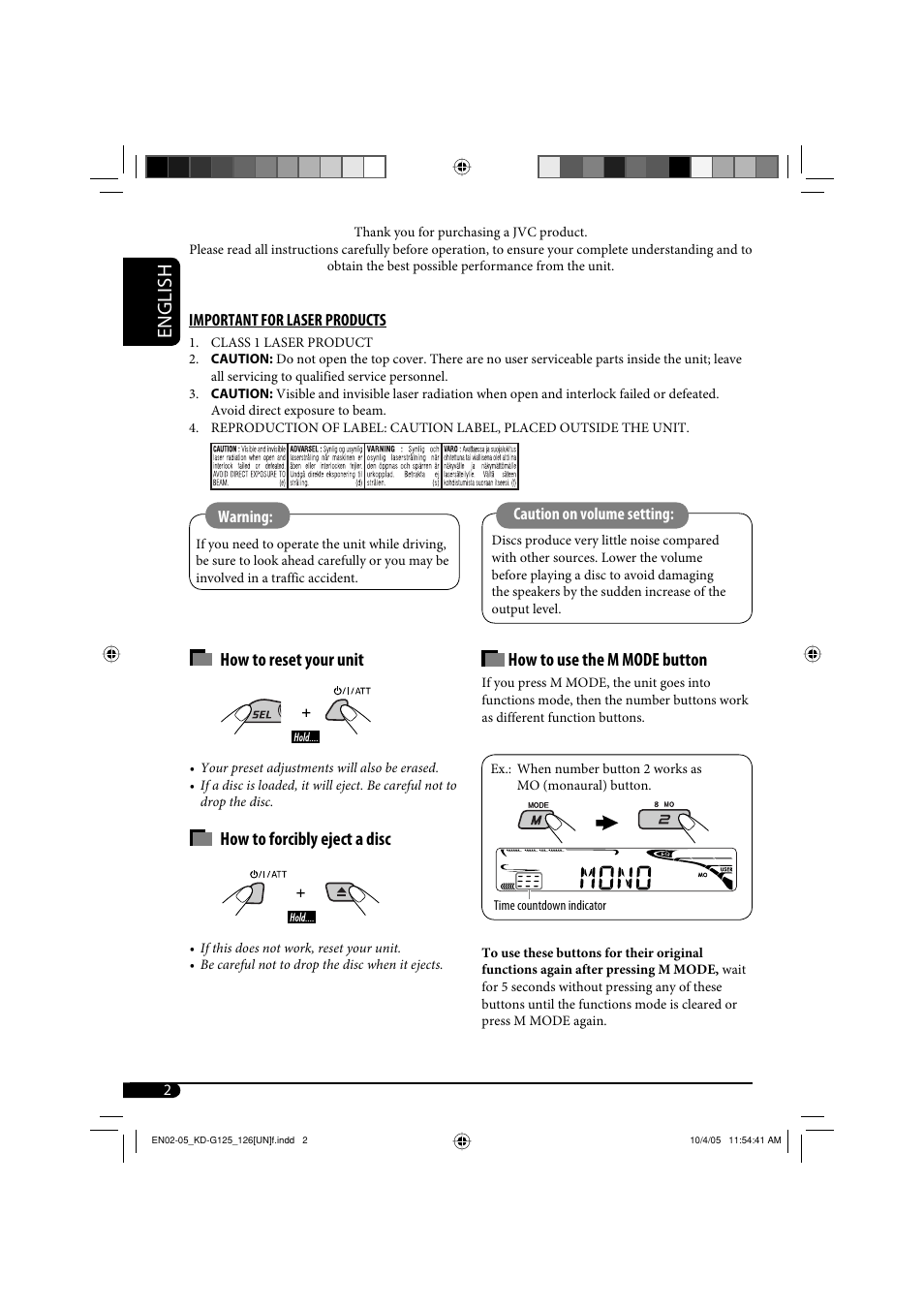 Important for laser products, Warning, Caution on volume setting | English, How to reset your unit, How to forcibly eject a disc, How to use the m mode button | JVC KD-G120 User Manual | Page 36 / 74