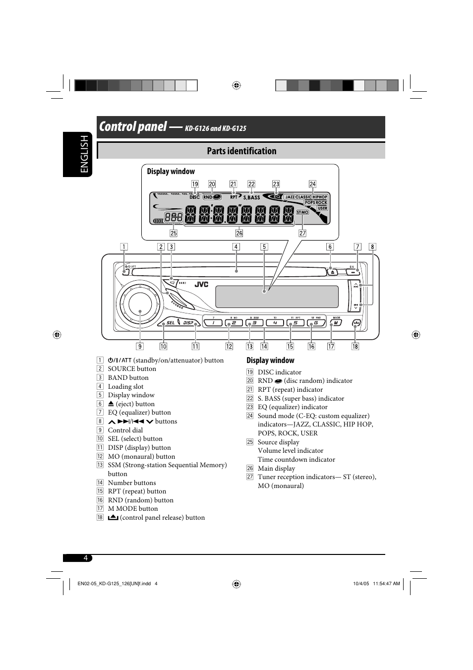 Control panel, English, Parts identification | JVC KD-G120 User Manual | Page 38 / 74