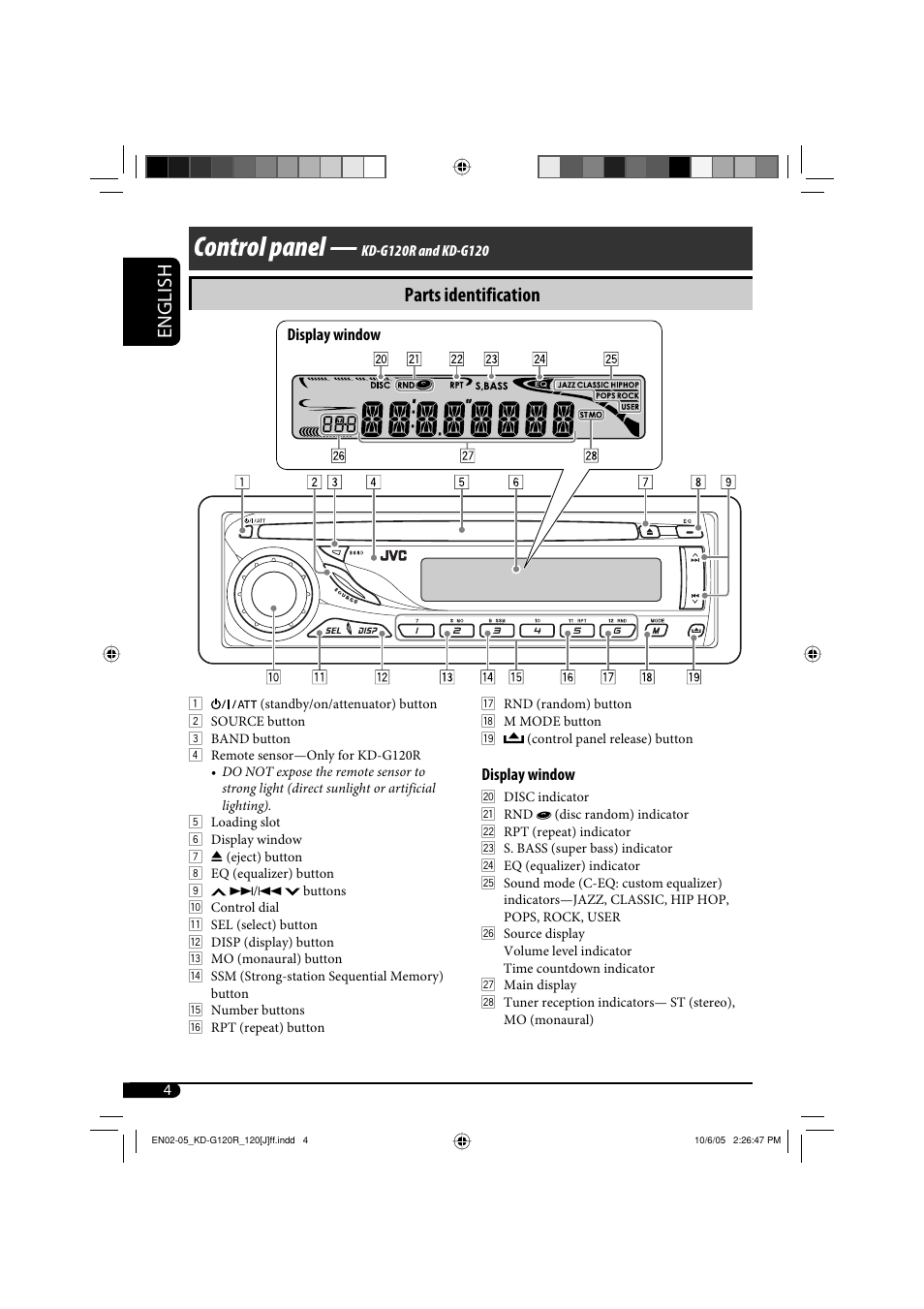 Control panel, English, Parts identification | JVC KD-G120 User Manual | Page 4 / 74