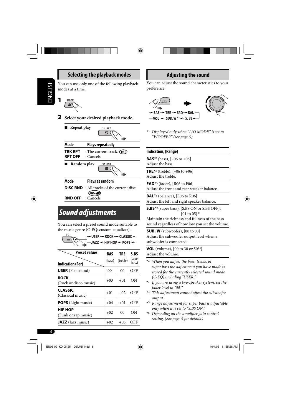 Sound adjustments, English, Adjusting the sound | Selecting the playback modes | JVC KD-G120 User Manual | Page 42 / 74