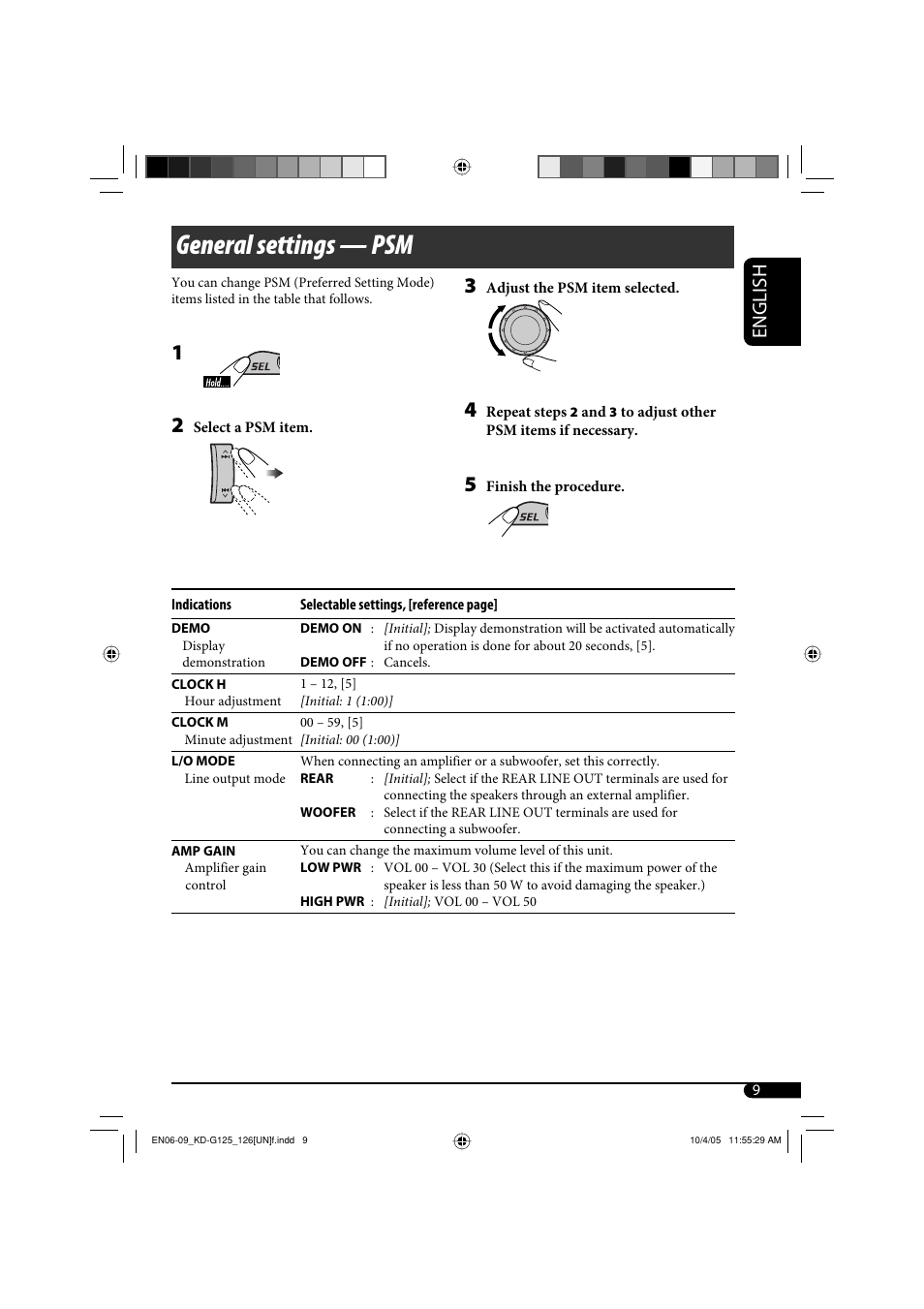 General settings — psm, English | JVC KD-G120 User Manual | Page 43 / 74