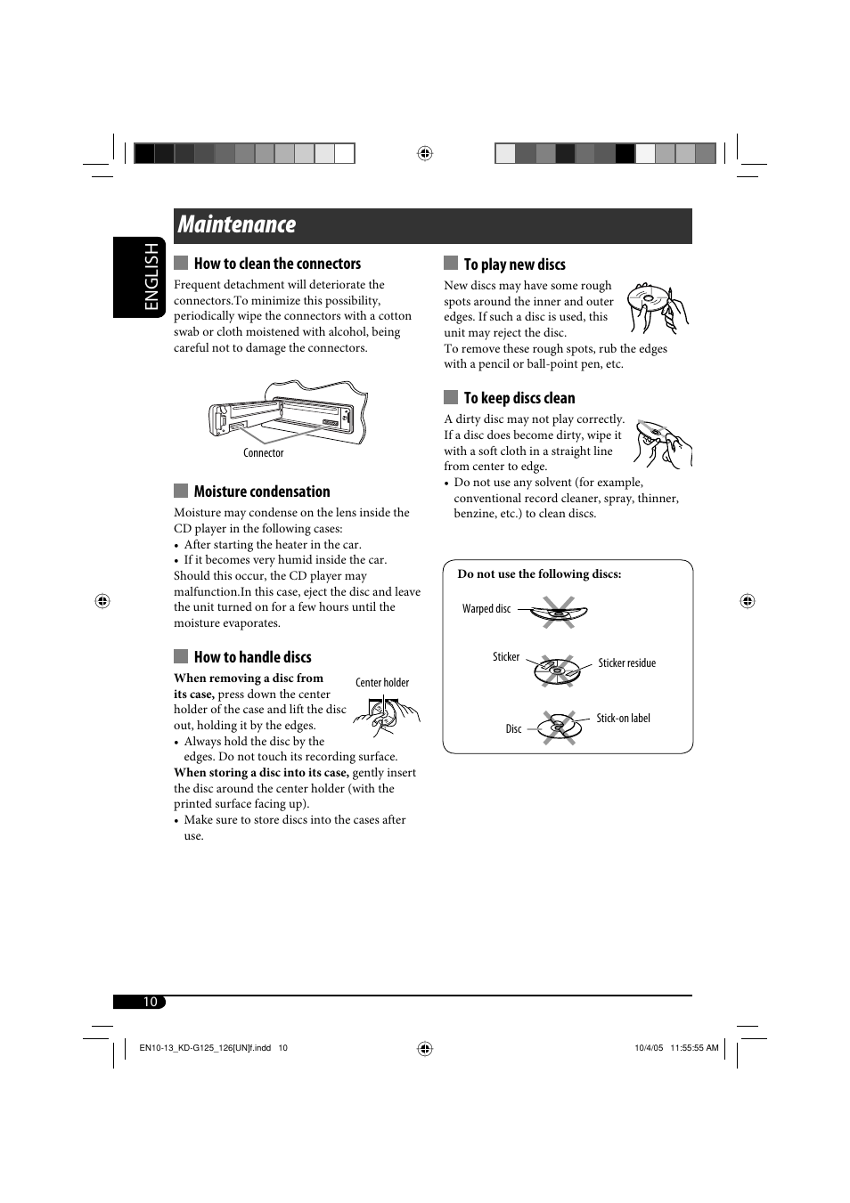 Maintenance, English, How to clean the connectors | Moisture condensation, How to handle discs | JVC KD-G120 User Manual | Page 44 / 74