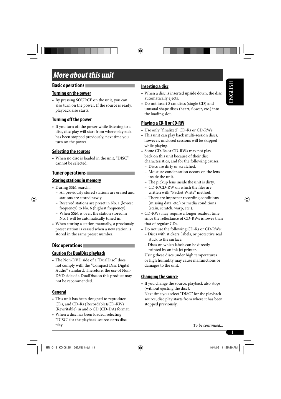 More about this unit, English, Basic operations | Tuner operations, Disc operations | JVC KD-G120 User Manual | Page 45 / 74
