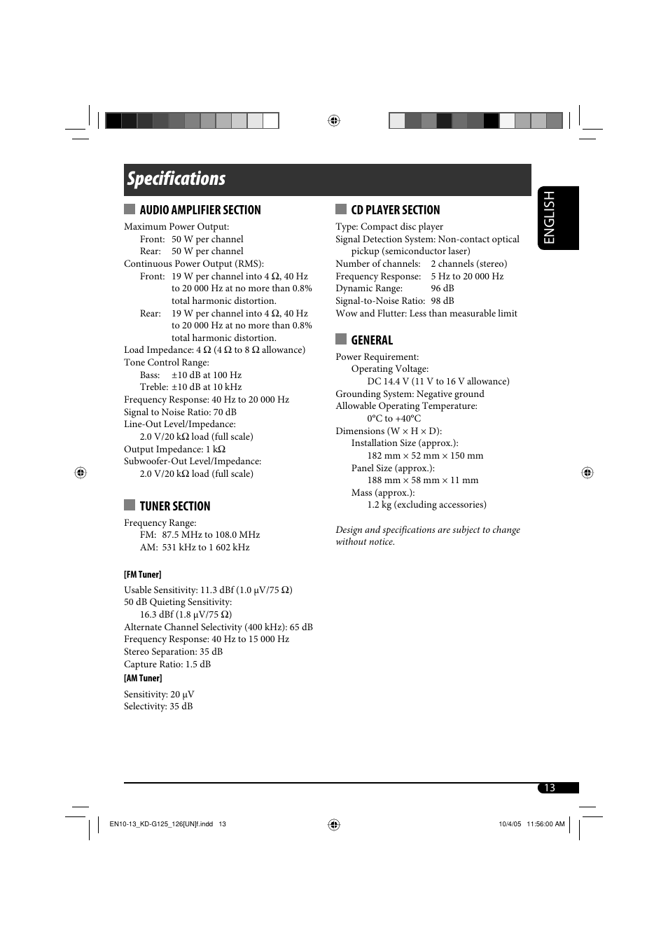 Specifications, English, General | JVC KD-G120 User Manual | Page 47 / 74