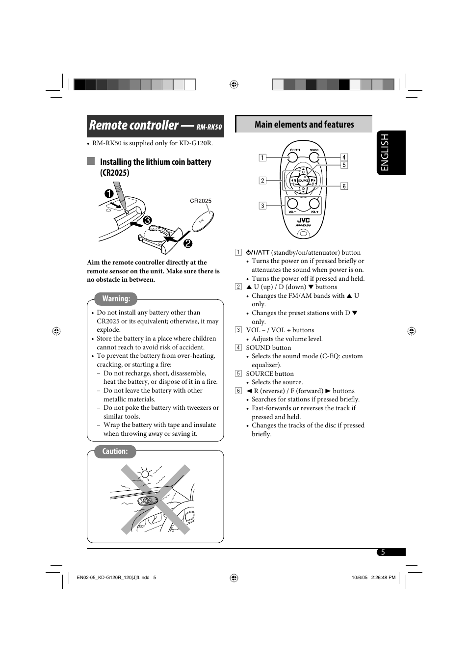 Remote controller — rm-rk50, Remote controller, English | Main elements and features, Installing the lithium coin battery (cr2025) | JVC KD-G120 User Manual | Page 5 / 74