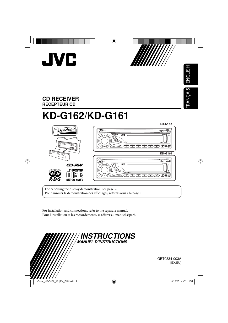 Kd-g162/kd-g161, Instructions, Cd receiver | English français | JVC KD-G120 User Manual | Page 53 / 74