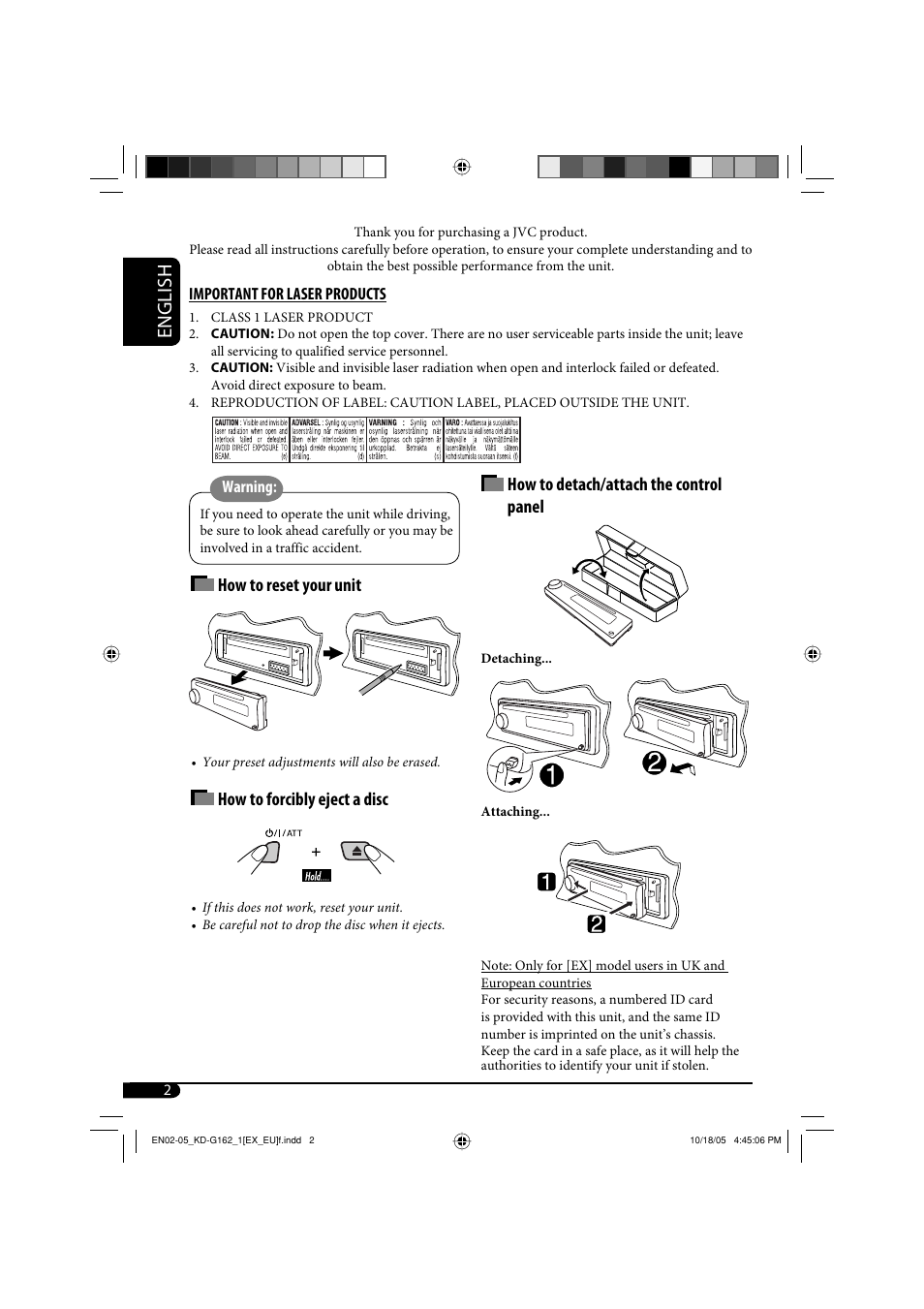 Important for laser products, Warning, English | How to detach/attach the control panel, How to reset your unit, How to forcibly eject a disc | JVC KD-G120 User Manual | Page 54 / 74