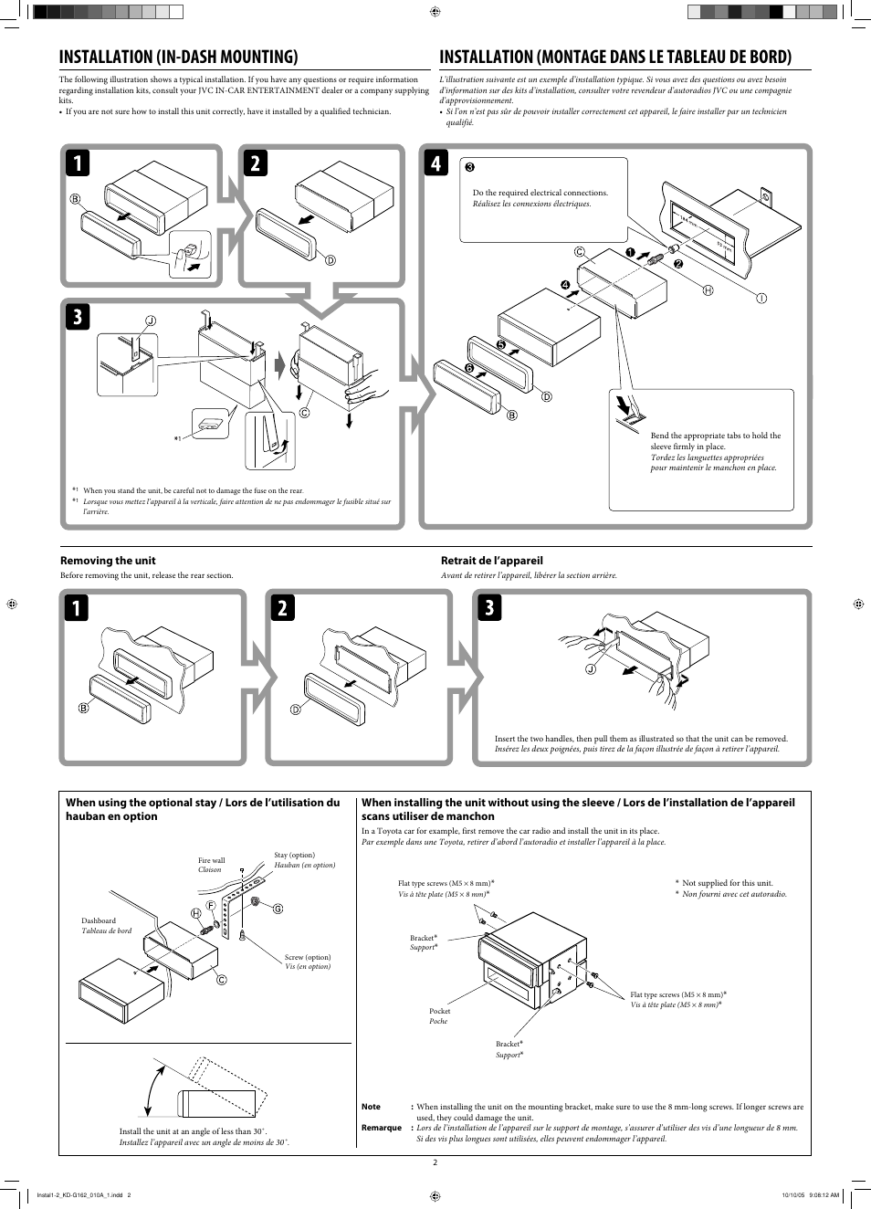 Installation (in-dash mounting), Installation (montage dans le tableau de bord), Removing the unit | Retrait de l’appareil | JVC KD-G120 User Manual | Page 72 / 74