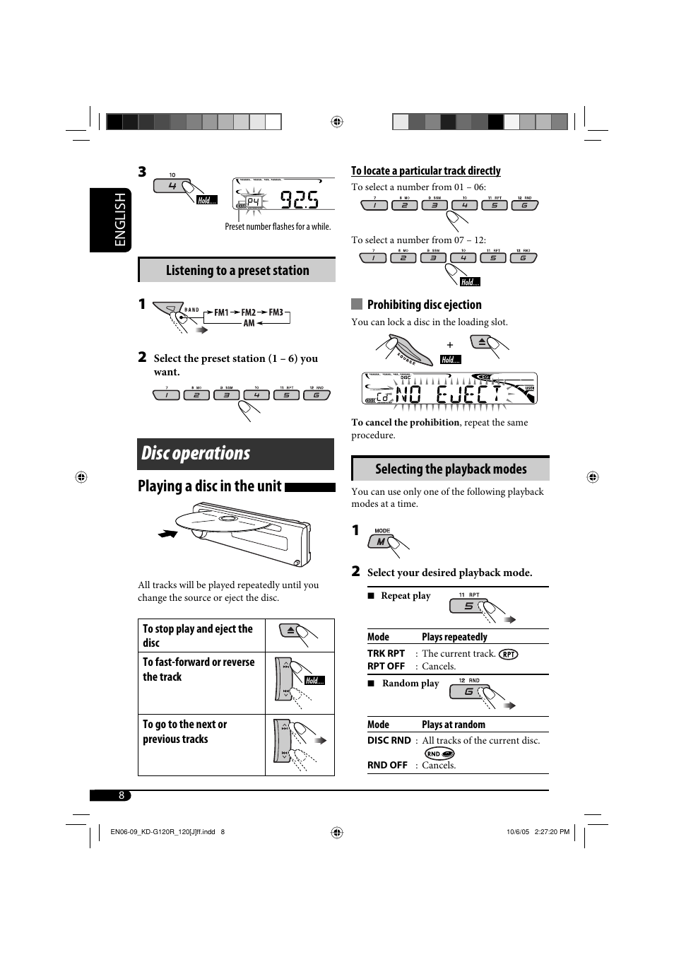 Disc operations, Playing a disc in the unit, English | Listening to a preset station, Selecting the playback modes | JVC KD-G120 User Manual | Page 8 / 74