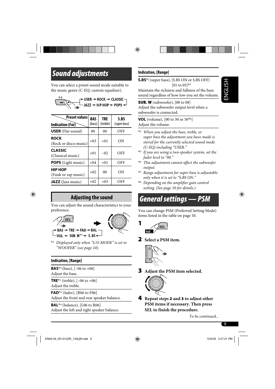 Sound adjustments, General settings — psm, English | Adjusting the sound | JVC KD-G120 User Manual | Page 9 / 74