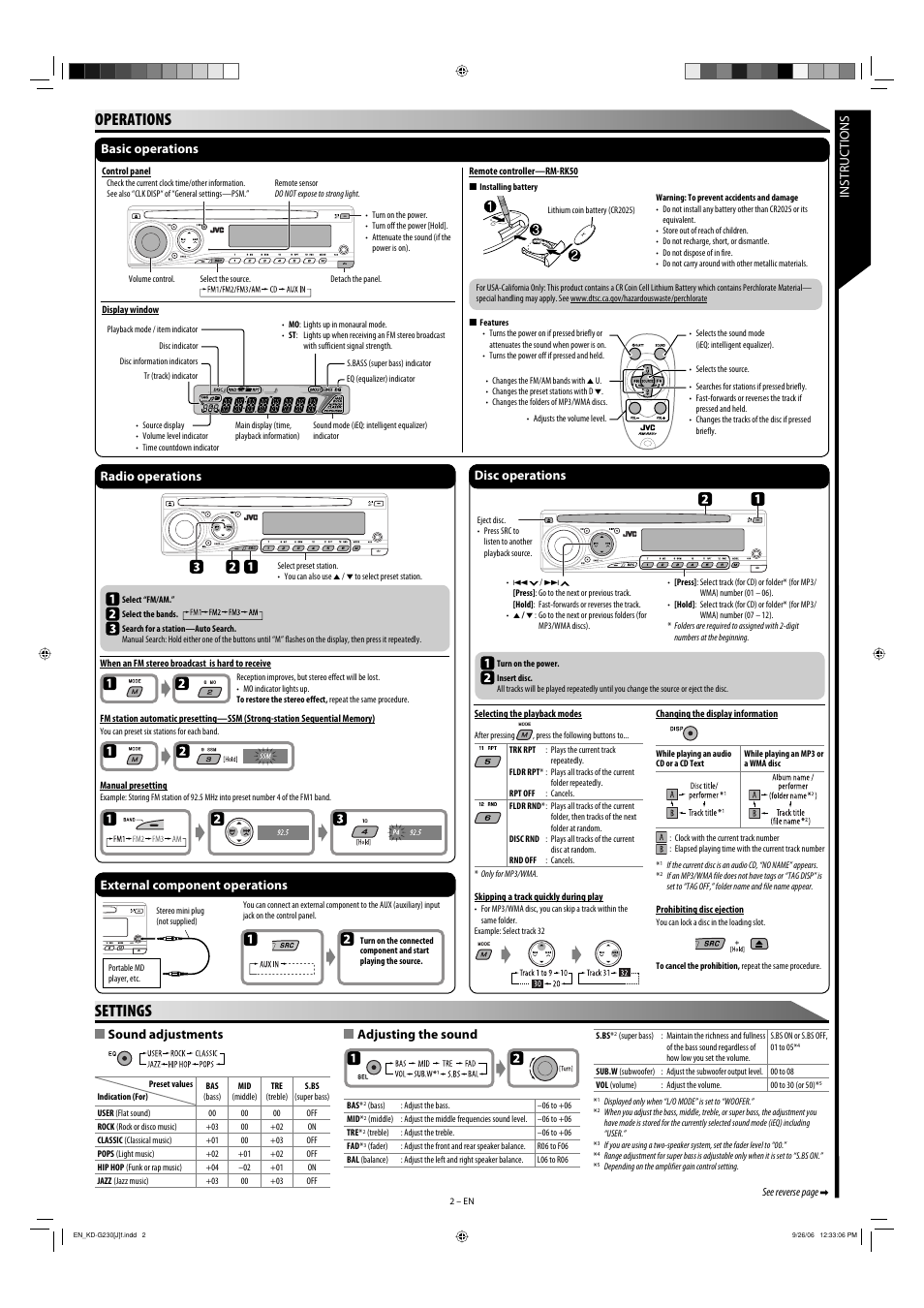 Operations, Settings, Instructions sound adjustments | Adjusting the sound, Disc operations, Basic operations, Radio operations, External component operations | JVC KD-G230 User Manual | Page 2 / 4
