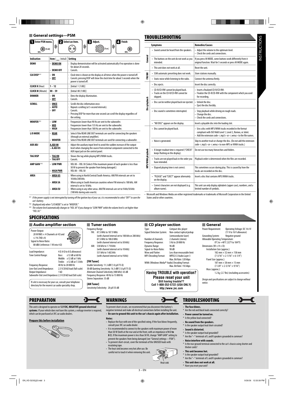 Warnings, Preparation, Troubleshooting | Specifications, General, General settings—psm | JVC KD-G230 User Manual | Page 3 / 4