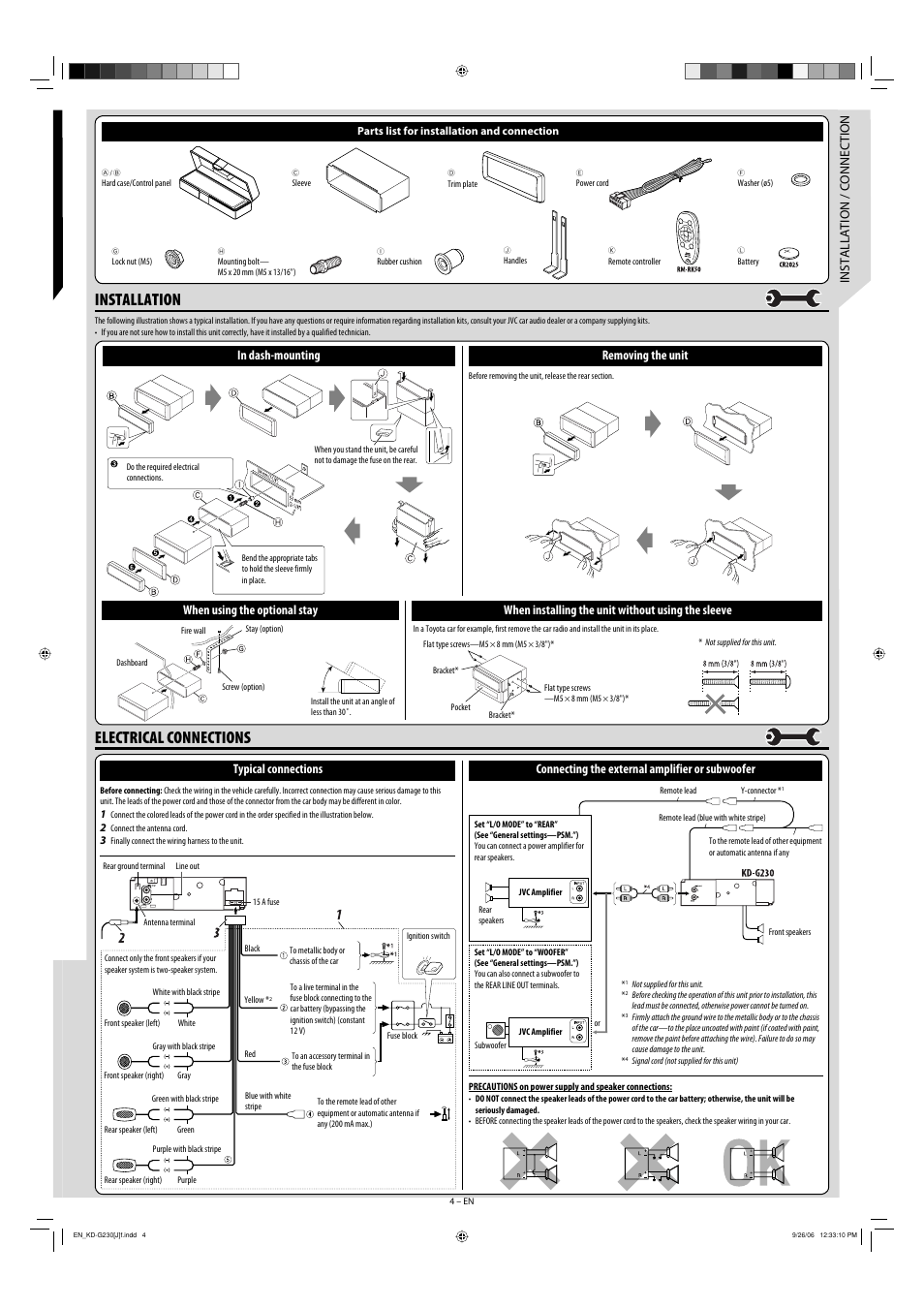 Electrical connections, Installation, Removing the unit in dash-mounting | When installing the unit without using the sleeve | JVC KD-G230 User Manual | Page 4 / 4