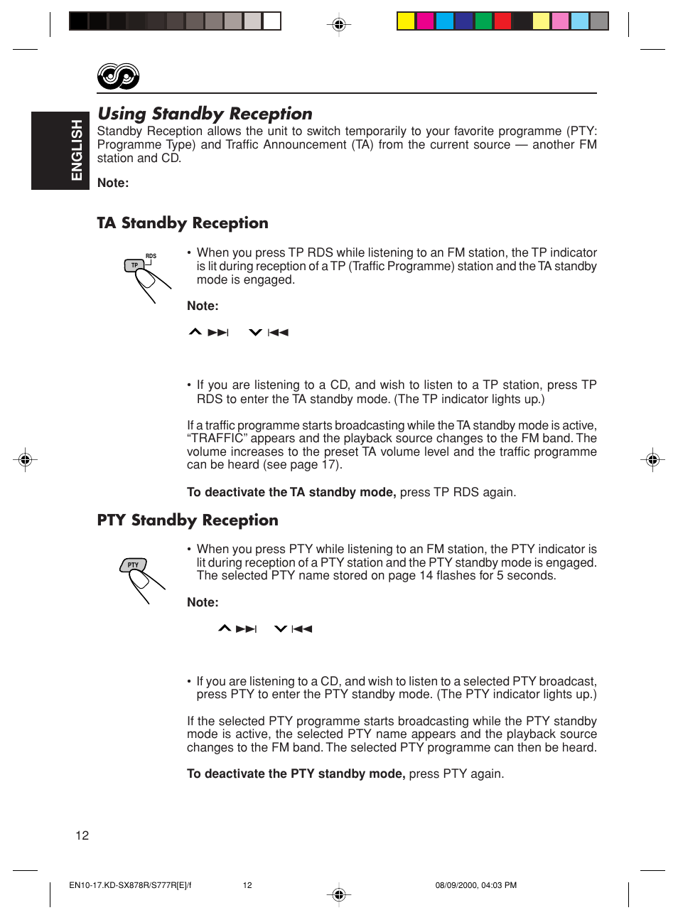 Using standby reception, Ta standby reception, Pty standby reception | JVC FSUN3117-312 KD-S8R User Manual | Page 12 / 46