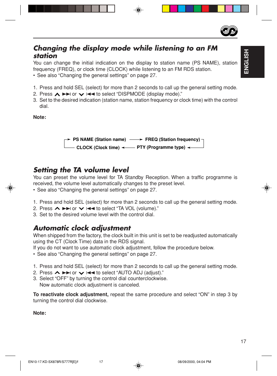 Setting the ta volume level, Automatic clock adjustment | JVC FSUN3117-312 KD-S8R User Manual | Page 17 / 46